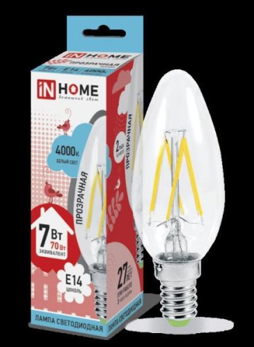 Лампа филамент 7w LED-СВЕЧА-deco Е14 4000К 630Лм прозрачная IN HOME