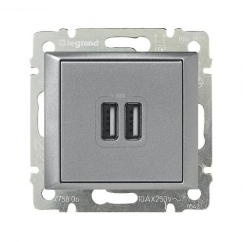 770270 Розетка на 2 USB для зарядки телефонов Алюминий VALENA