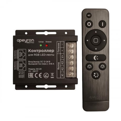 Контроллер RGB 12/24В, 288/576Вт, IP33, 3канала*8А, RF, пульт 12кнопок, 91*89*24мм APEYRON