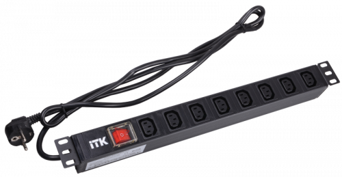 8 Розеток PDU  ITK , с LED выключ.,С13,1U вилка шнур 2м немецкий стандарт