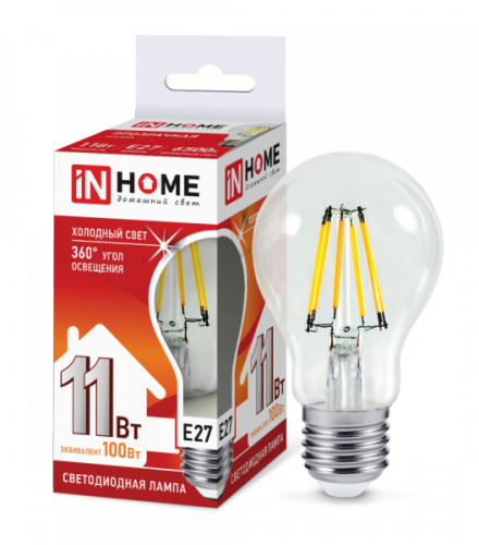 Лампа филамент 11w LED-A60-deco 230В Е27 6500К 990Лм прозрачная IN HOME