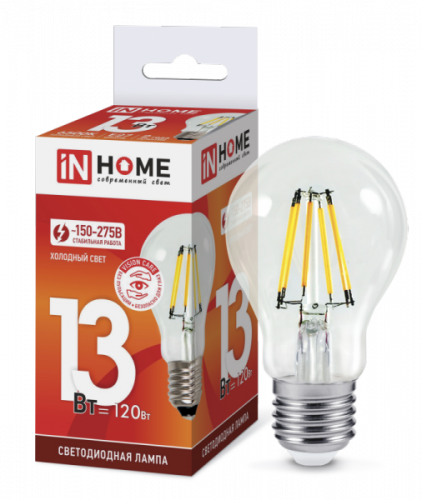 Лампа филамент 13w LED-A60-deco 13Вт 230В Е27 6500К 1170Лм прозрачная IN HOME