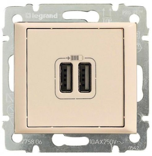 774170 Розетка на 2 USB для зарядки телефонов Сл. кость VALENA