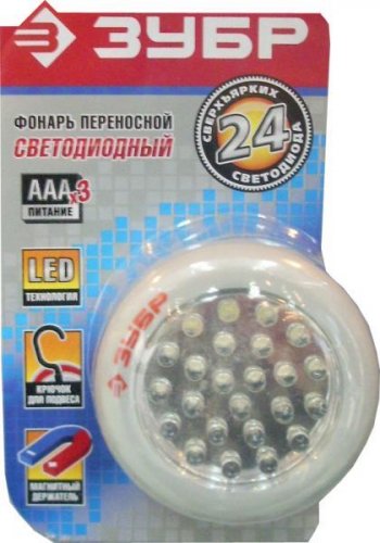 Светодиодный фонарь ЗУБР, 24 LED, магнит, крючок для подвеса