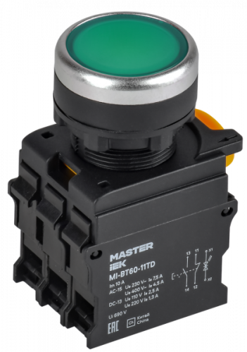 Кнопка с подсвет. и фикс. d=22мм 1NO+1NC зелёная IP65 220V MASTER IEK