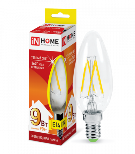 Лампа филамент 9w LED-СВЕЧА-deco Е14 3000К 810Лм прозрачная IN HOME