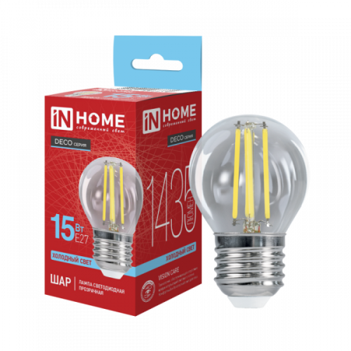 Лампа 15w LED-ШАР-deco 15Вт 230В Е27 6500К 1435Лм прозрачная IN HOME