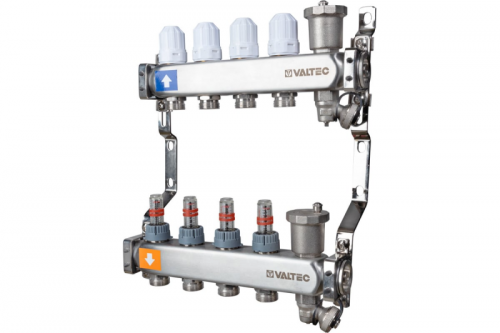 Коллекторный блок Valtec из нержавеющей стали с регулирующими клапанами и асходомерами 1x5 выходов Е