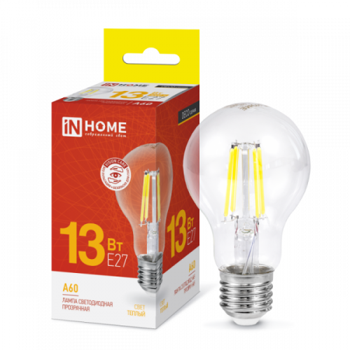 Лампа филамент 13w LED-A60-deco 13Вт 230В Е27 3000К 1370Лм прозрачная IN HOME