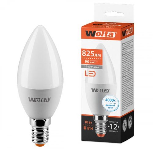 Лампа 10w  LED-СВЕЧА- C37 25SC10E14 10Вт 825лм 4000К Е14 WOLTA