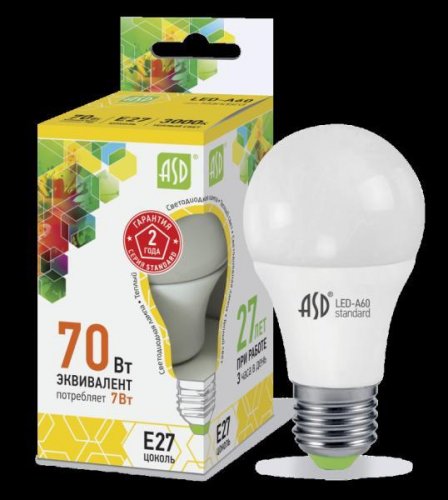 Лампа 7w LED-A60-standard 160-260В Е27 3000К ASD