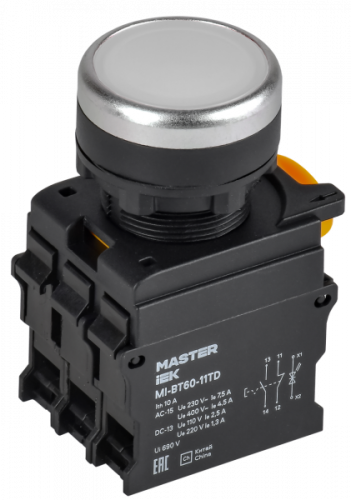 Кнопка с подсвет. и фикс. d=22мм 1NO+1NC белая  IP65 220V MASTER IEK
