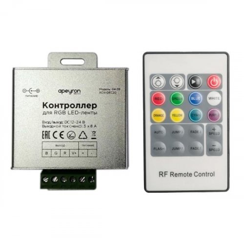 Контроллер RGB 12/24В, 288/576Вт, IP20, 3канала*8А, RF, пульт 20кнопок, 53х65х25мм APEYRON
