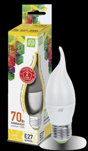 Лампа 7.5w LED-СВЕЧА на ветру-standard  160-260В Е27 3000К ASD