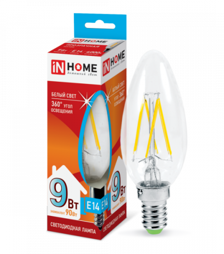 Лампа филамент 9w LED-СВЕЧА-deco Е14 4000К 810Лм прозрачная IN HOME
