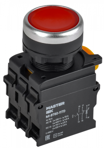 Кнопка с подсвет. и фикс. d=22мм 1NO+1NC красная IP65 220V MASTER IEK