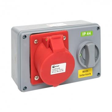 1425 Розетка с блокировкой и выключателем 32A, 3Р+РЕ+N, 380В IP44 EKF